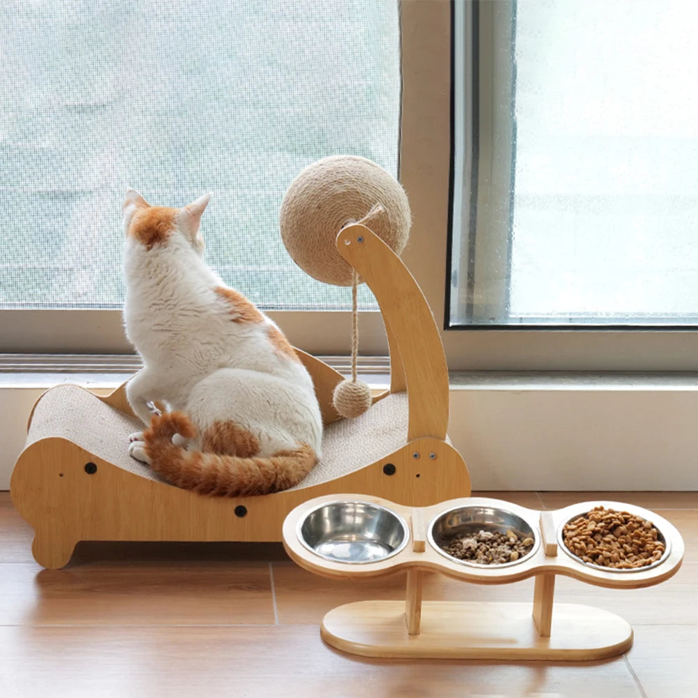 Tilted Wooden Cat & Dog Bowls