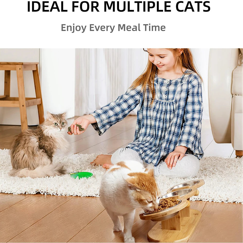 Tilted Wooden Cat & Dog Bowls
