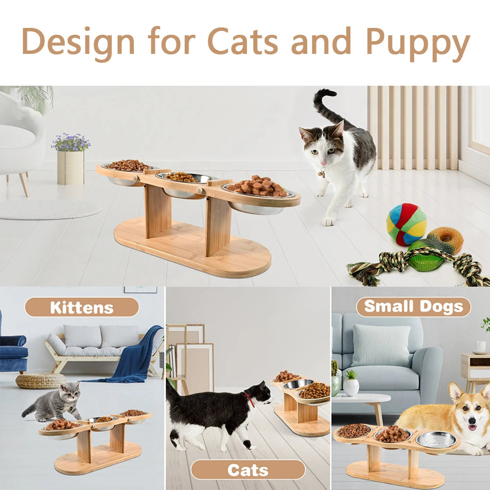 Tilted Wooden Cat & Dog Bowls