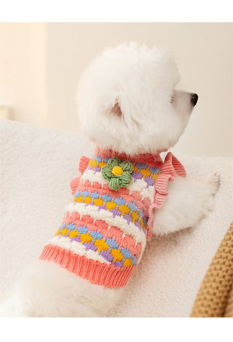 Cozy Knitted Flower Dog Sweater