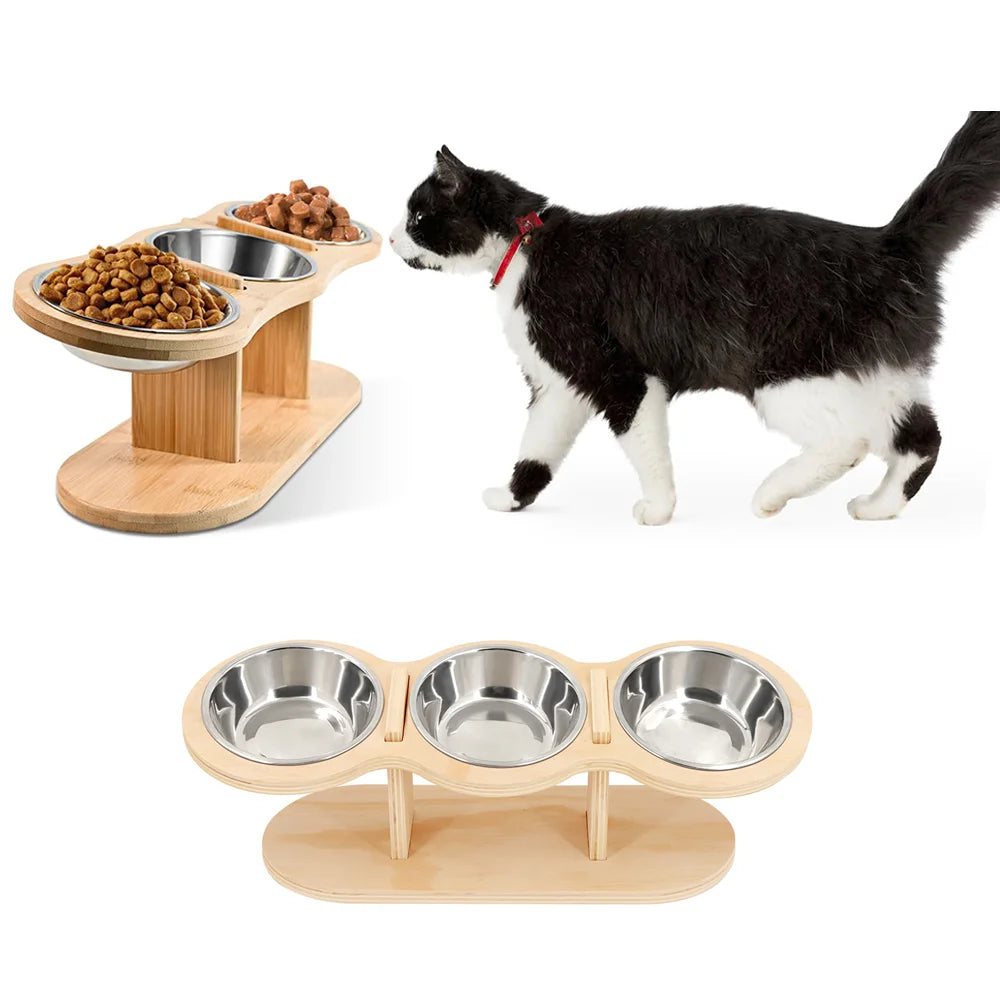 Tilted Wooden Cat & Dog Bowls