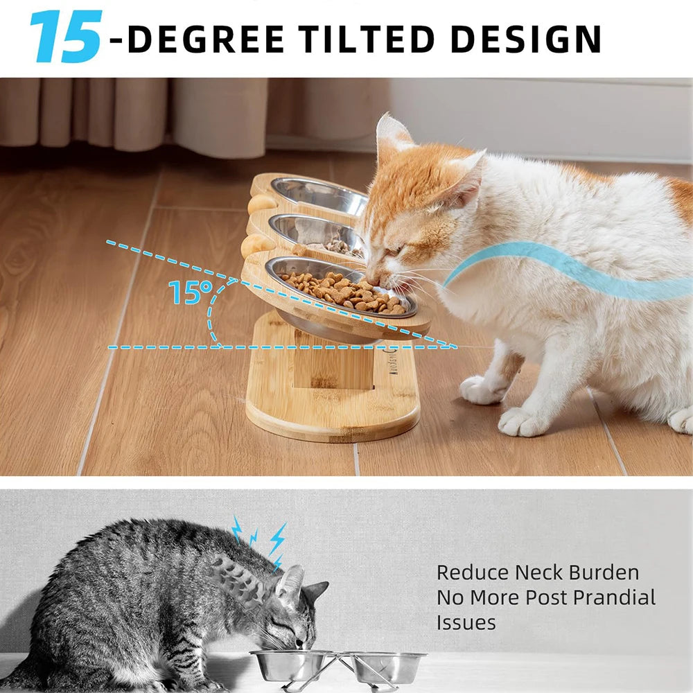 Tilted Wooden Cat & Dog Bowls